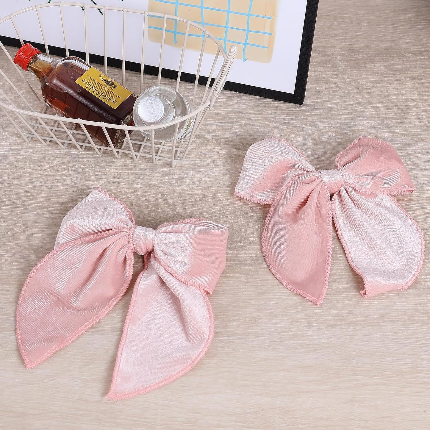 Light Pink Velvet Ribbon Linen Hair Bow Clips 5" Large Velvet Fable Bow Alligator Barrettes Hairpins for Toddler Teens Baby Girls Kids Ponytail Knot Bows Hair Accessory Valentines Gift
