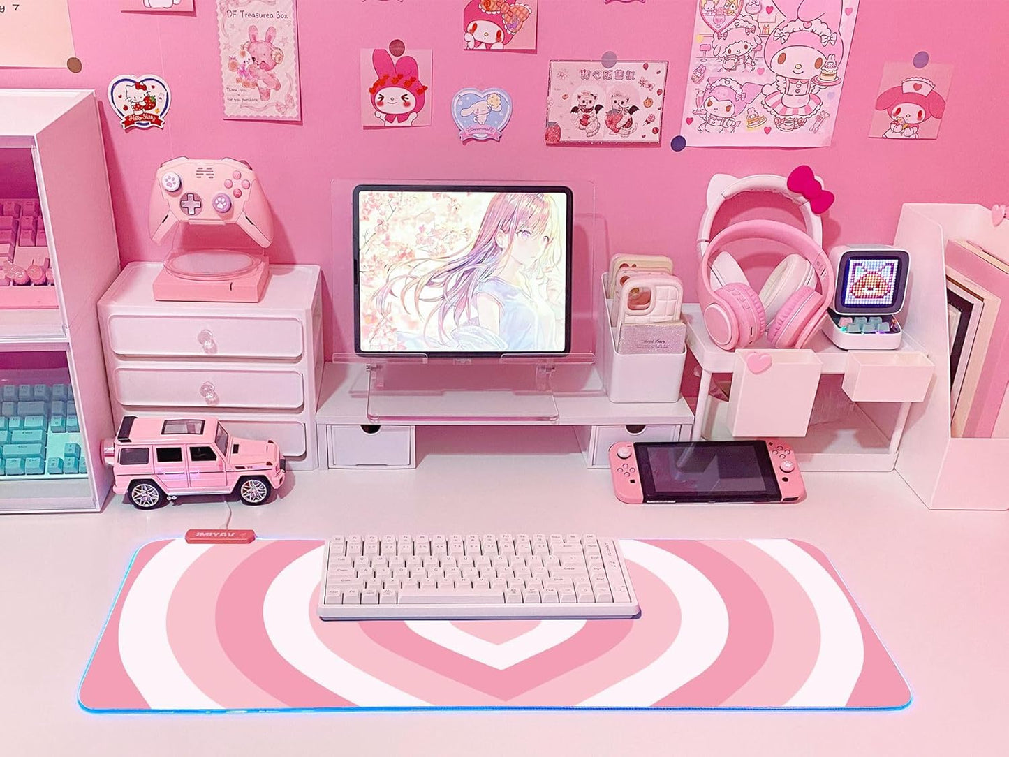 JMIYAV Pink Love Heart RGB Gaming Mouse Pad 31.5x12 Inch Cute Mousepad PC XL Large Extended Glowing Led Light Up Desk Pad Non-Slip Rubber Base Computer Mat Desk Accessories Gaming Setup