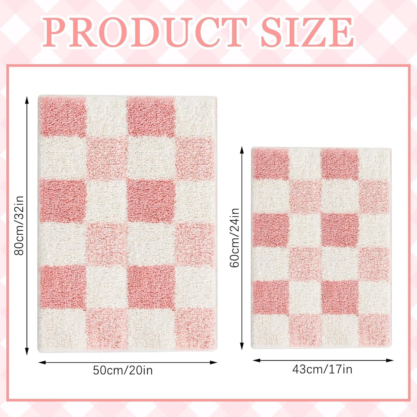 Breling Bath Mat Set of 2 Pink Checkered Fluffy Absorbent Microfiber Rugs Non Slip Non Skid Bath Mats for Bathroom Floor Tub and Shower, Washable, Ultra Soft, Quick Dry (32 x 20 Plus 24 x 17 - Inches)