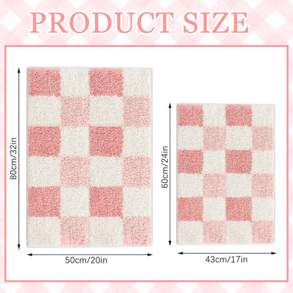 Breling Bath Mat Set of 2 Pink Checkered Fluffy Absorbent Microfiber Rugs Non Slip Non Skid Bath Mats for Bathroom Floor Tub and Shower, Washable, Ultra Soft, Quick Dry (32 x 20 Plus 24 x 17 - Inches)