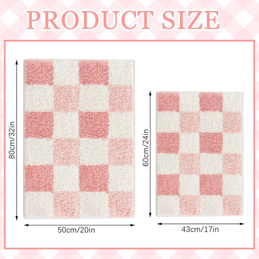 Breling Bath Mat Set of 2 Pink Checkered Fluffy Absorbent Microfiber Rugs Non Slip Non Skid Bath Mats for Bathroom Floor Tub and Shower, Washable, Ultra Soft, Quick Dry (32 x 20 Plus 24 x 17 - Inches)