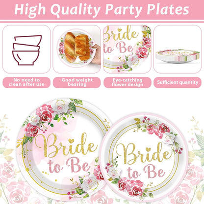 96Pcs Bridal Shower Party Decorations Floral Bride to Be Paper Plates Napkins Flower Pink Gold Wedding Tableware Set Supplies Disposable for Women Engagement Bachelorette Party Favors Serves 24
