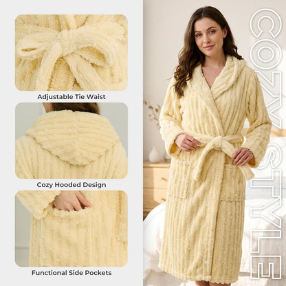 HEARTNICE Fuzzy Soft Robes for Women, Long Plush Hooded Robe Fluffy Warm Bathrobes