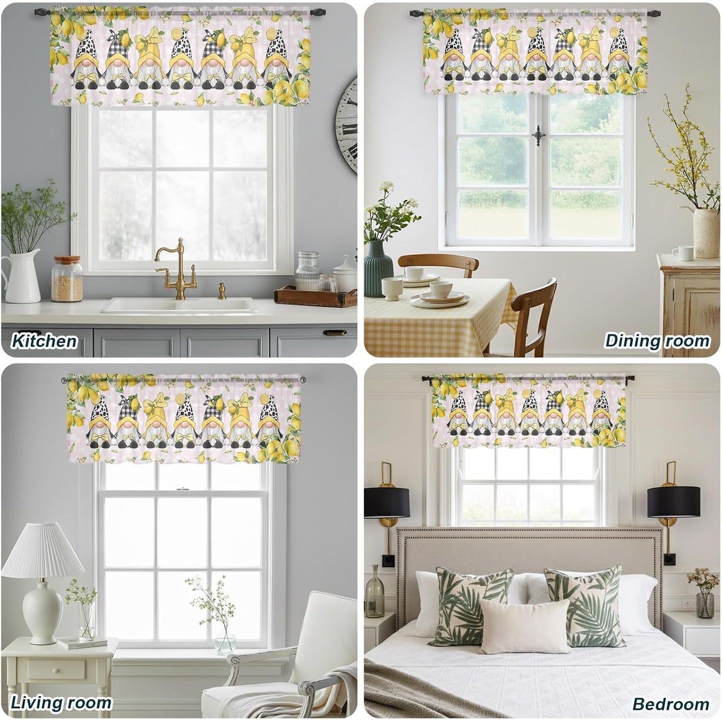 Lemon Gnomes Sheer Curtains Valances for Windows Summer Fruits Botanical Pink Plaid Chiffon Kitchen Valances for Cafe, Rod Pocket Voile Window Treatments Curtains for Living Room Bedroom, 54"x18"