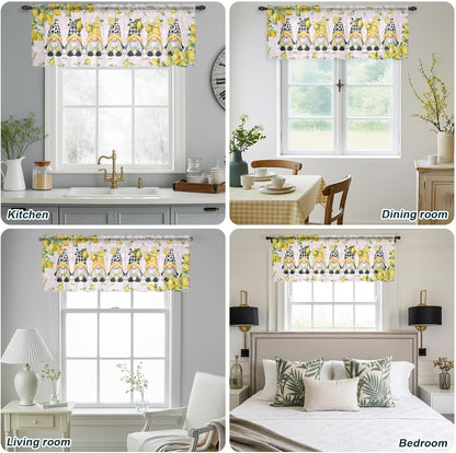 Lemon Gnomes Sheer Curtains Valances for Windows Summer Fruits Botanical Pink Plaid Chiffon Kitchen Valances for Cafe, Rod Pocket Voile Window Treatments Curtains for Living Room Bedroom, 54"x18"