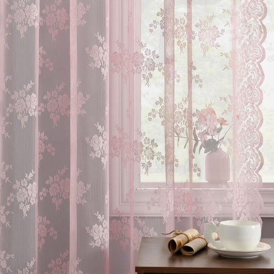 Kotile Pink Lace Curtains 54 Inch Length, 2 Panels, W42 x L54 Inch Each, Country Rustic Floral Pink Sheer Curtains for Bedroom, Rod Pocket Privacy Light Filtering Sheer Lacy Curtain for Windows