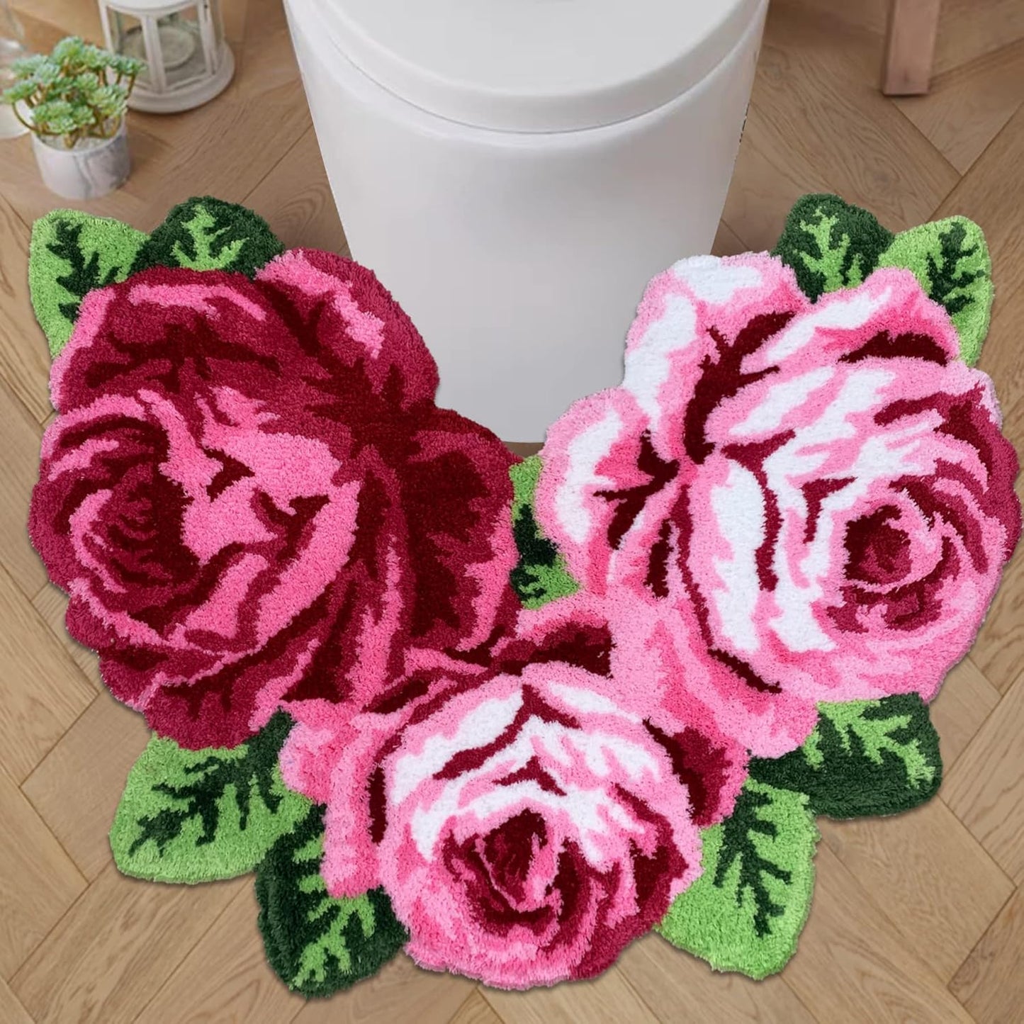 ABREEZE Rose Shaped Rug Pink Luxury Shaggy Toilet Bath Mat U-Shaped Contour Rugs for Bathroom, Soft and Comfortable, Maximum Absorbent, Dry Quickly, Non-Slip, Machine-Washable