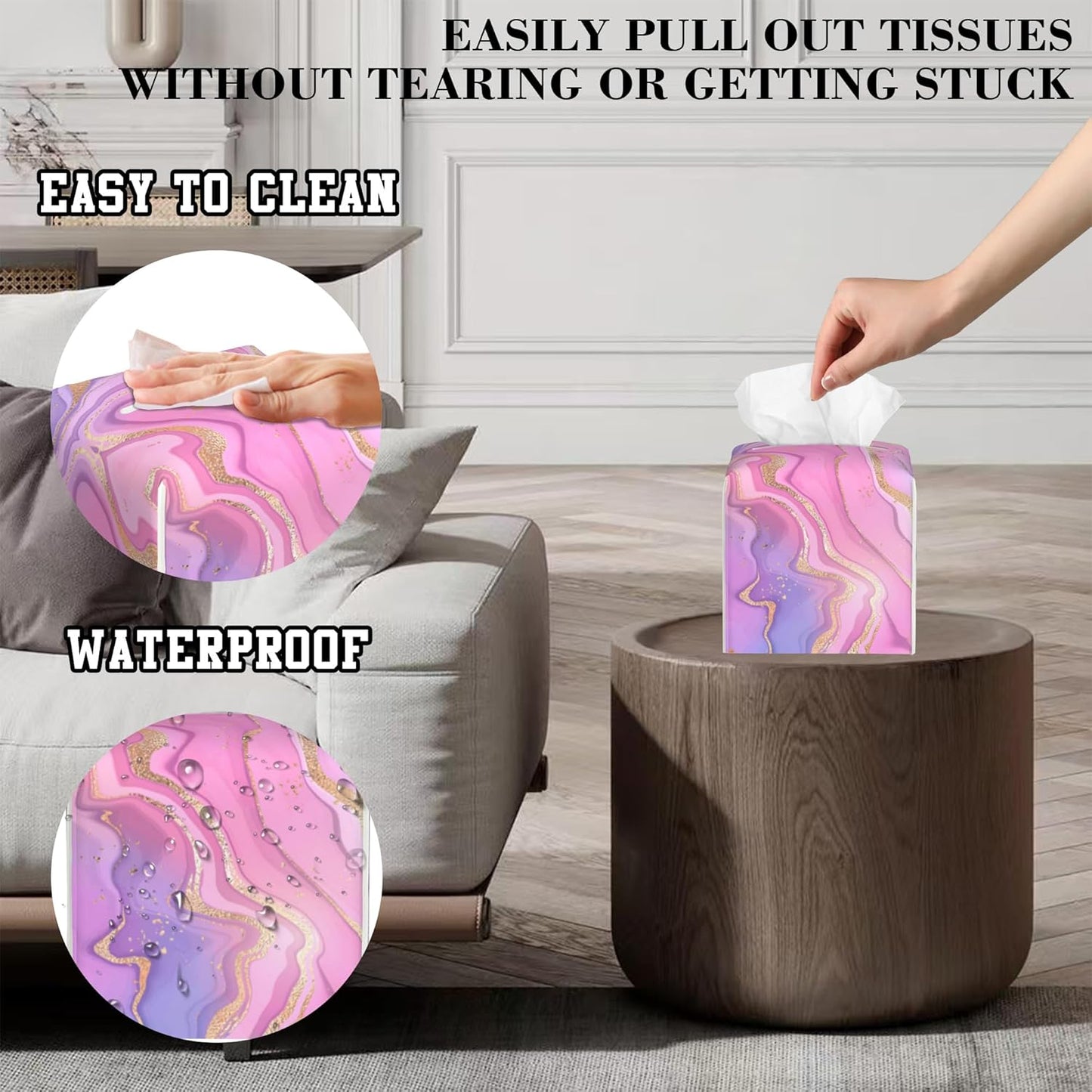 Tissue Box Holder Purple and Pink Liquid Marble Square Leather Tissue Box Cover Modern Cube Facial Paper Cover Case for Bathroom Vanity Countertop Night Stands Tabletop