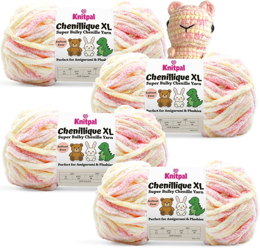 Chenillique XL Plush Velvet Chenille Yarn #6 Super Bulky – 4-Pack (352 Yards / 400 g) – Variegated Yarn for Plushies, Blankets, Amigurumi & Accessories - Peach Fizz
