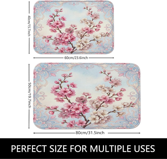 Vintage Floral Quick Dry Bath Mat, Peach Cherries Blossom Absorbent Non Slip Shower Mat, Spring Decorative Washable Bath Rugs for Bathroom Toilet Restroom 20x32 Inch
