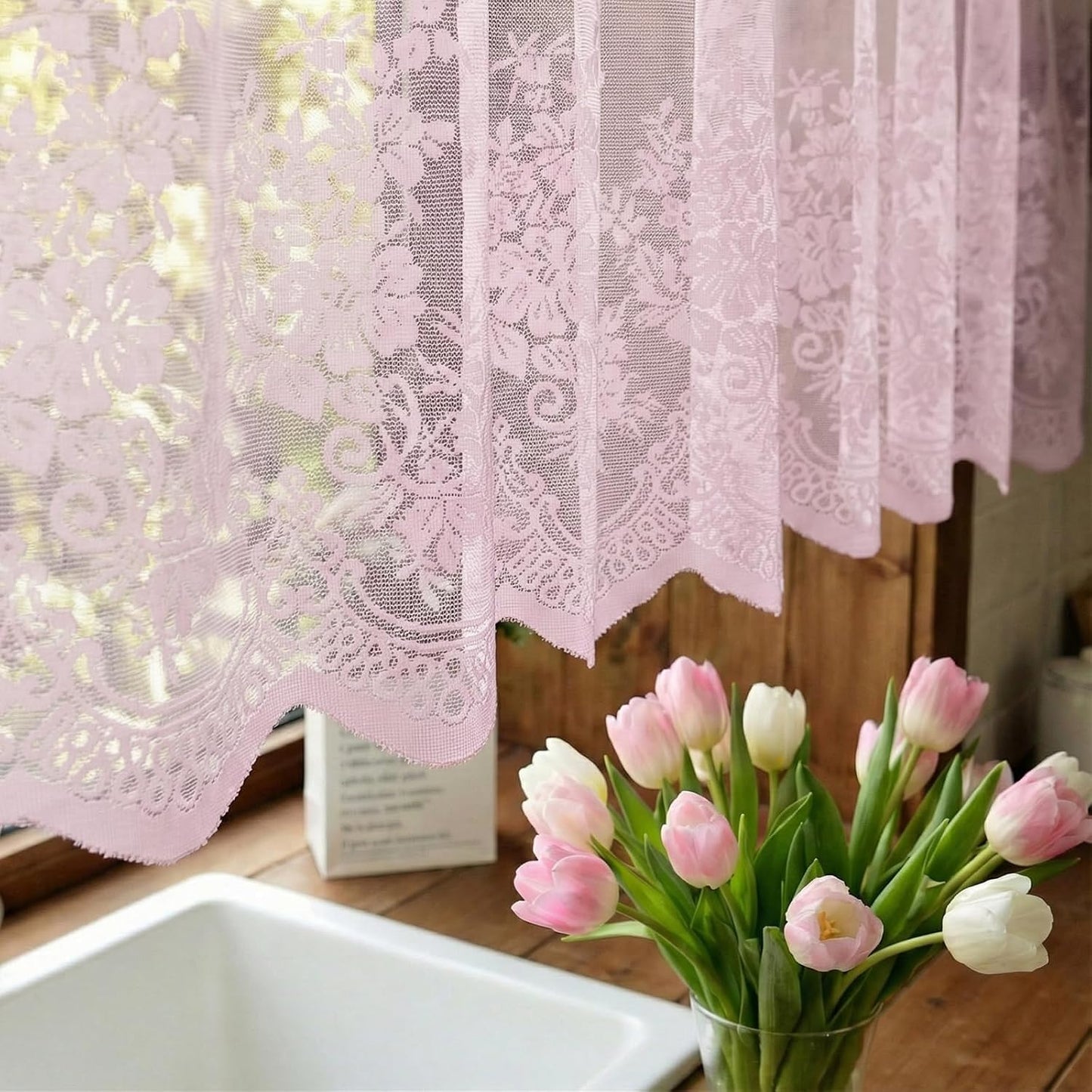 Molaxhome Lace Valances for Windows 51x16in, Floral Embroidered Kitchen Sheer Curtain Half Window Valance Cafe Dinning Bath Room 1 Pcs(Pink)
