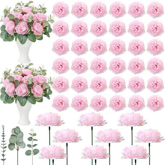 Thiccywoov 50 Set Assorted Faux Flowers Heads with Stem Eucalyptus Leaves Silk Artificial Rose Head Flowers Bouquet Floral Mothers Day Decor Table Centerpiece for DIY Wedding Party(Pink)