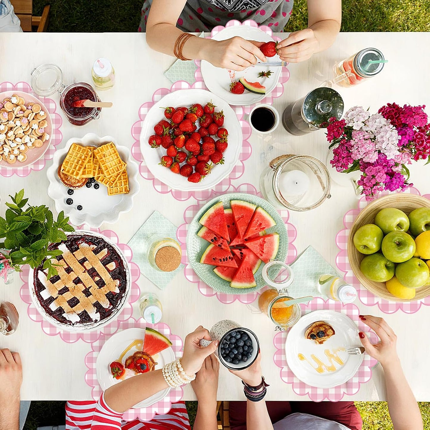 100 Pcs Checkered Paper Placemats Pink Gingham Place Mats 13.5 Inch Disposable Round Decorative Dining Table Mat with Scalloped Edge Paper Cutouts Decor for Picnic BBQ Table Party Supplies