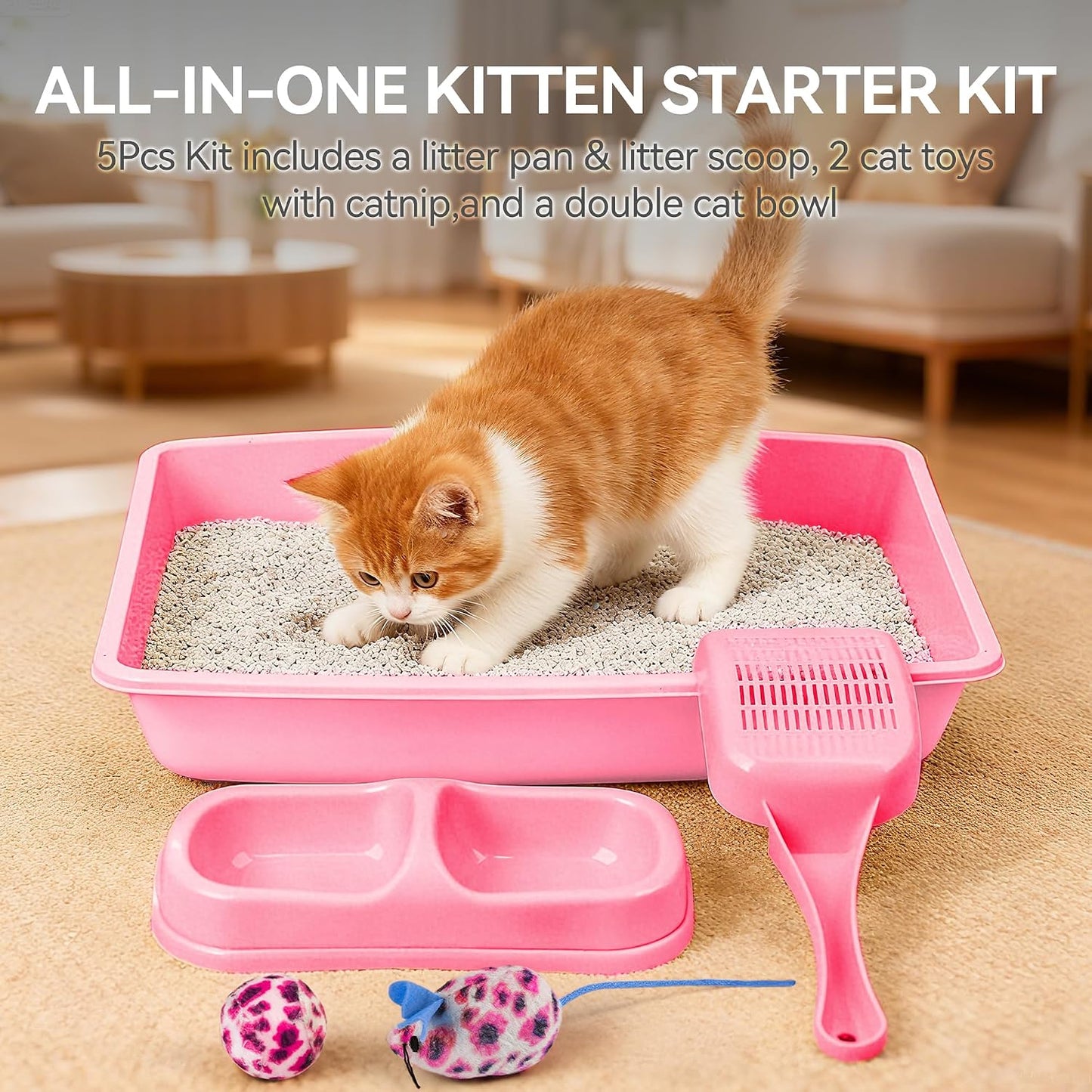 PAWISE Cat Litter Box Set, Small Kitten Starter Kit, Includes Litter Box, Litter Scoop, Double Dish Feeding Bowl, Cat Mouse Toy, Kitty Ball Toy, Pink