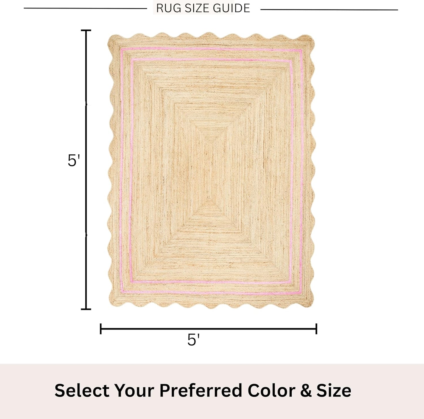 Wave Scalloped Jute Rug | Natural Fiber Area Rug | Boho Farmhouse Rug for Living Room, Bedroom, Entryway - Light Pink [5'x5']