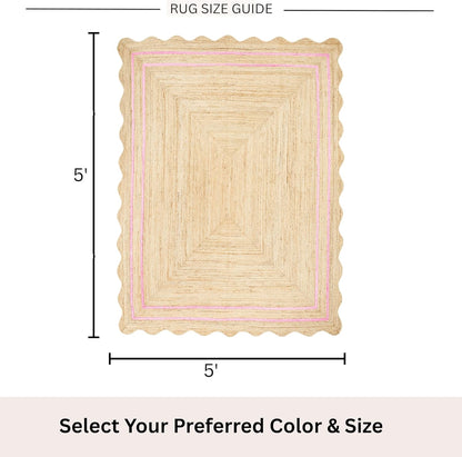 Wave Scalloped Jute Rug | Natural Fiber Area Rug | Boho Farmhouse Rug for Living Room, Bedroom, Entryway - Light Pink [5'x5']