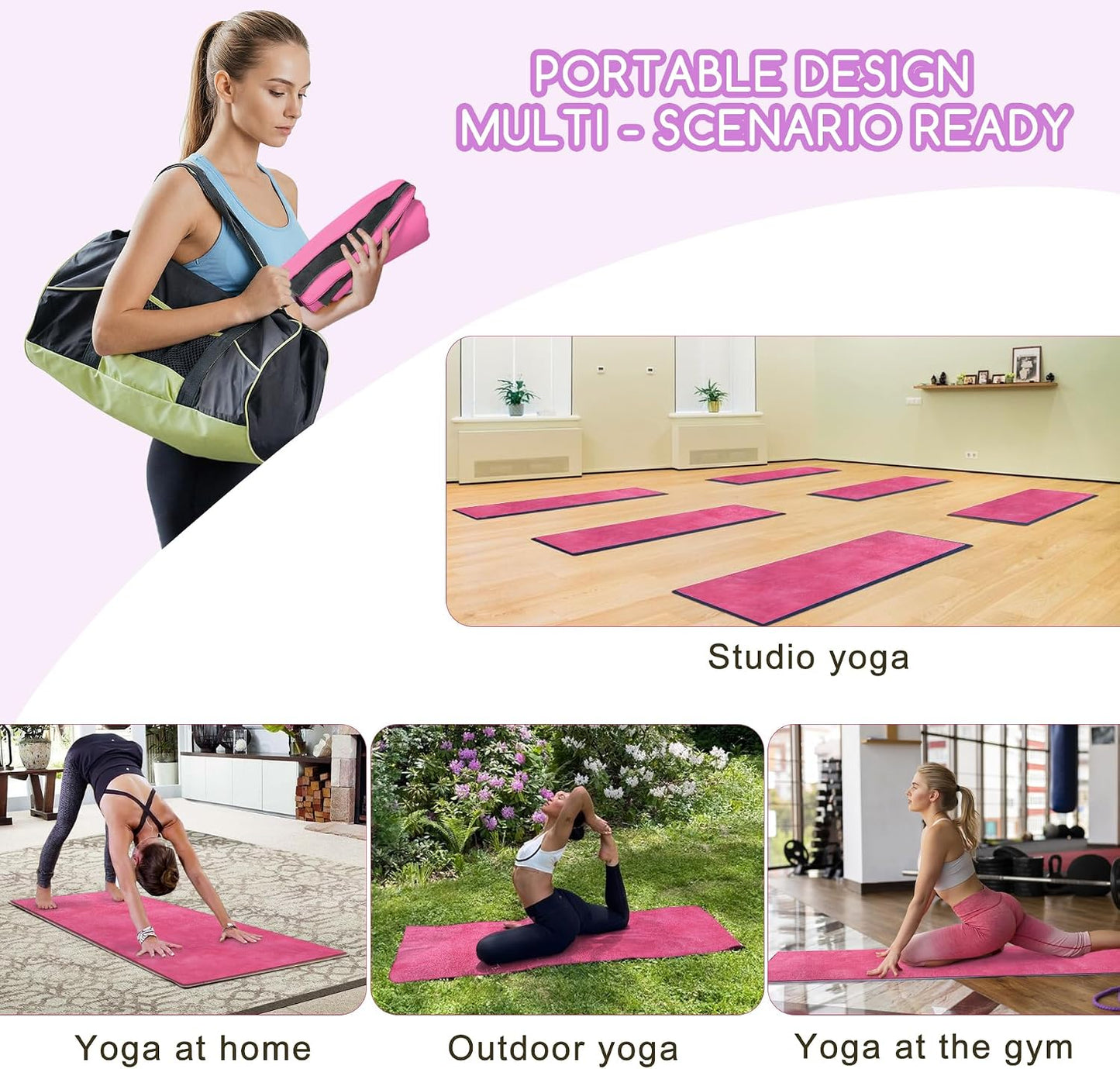Hot Yoga Mat Towel Set – Non-Slip 600GSM Thickened Microfiber Yoga Mat Cover (70"x25.5") + Hand Towel – Super Absorbent, Skidless Sweat Towel for Hot Pilates, Bikram & Fitness, Dark Pink