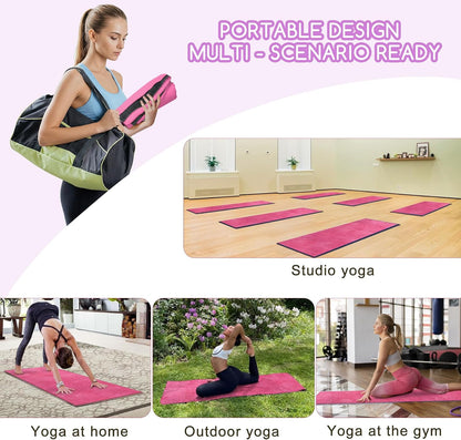 Hot Yoga Mat Towel Set – Non-Slip 600GSM Thickened Microfiber Yoga Mat Cover (70"x25.5") + Hand Towel – Super Absorbent, Skidless Sweat Towel for Hot Pilates, Bikram & Fitness, Dark Pink