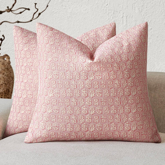 Foindtower Set of 2 Decorative Neutral Floral Print Throw Pillow Covers Vintage Accent Farmhouse Cushion Covers Boho Home Decor for Sofa Chair Couch Bedroom Living Room Outdoor,18×18 Inch,Light Pink