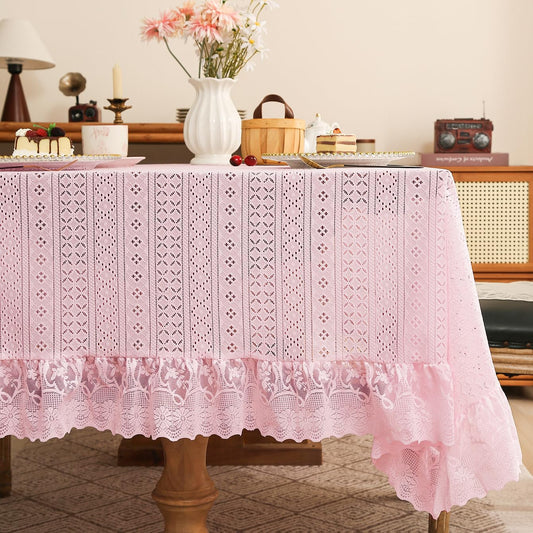 vctops Pink Lace Ruffle Table Cloth, Vintage Boho Cutout Geometric Pattern Tablecloth, Washable Table Cover for Rectangle Table Baby Shower Kitchen Party Wedding Decor (Pink A,55"x102")