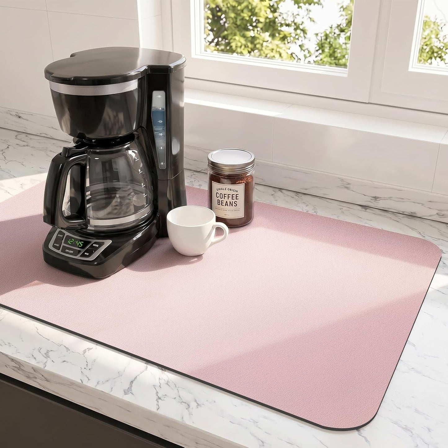 Ecotrim Absorbent Coffee Mat , Stain Hiding PU Leather Surface, Non-Slip Natural Rubber Backing, Quick Dry Mat for Espresso Machine, Kitchen Counter ,Pink | 12" x 19"
