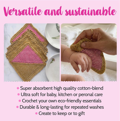 KnitPal Everyday Joy Tunisian Crochet Dishcloth Kit for Confident Beginners – Make 4 Reusable Dishcloths – Cotton Yarn, Tunisian Crochet Hook, 2 Patterns & Video Tutorials (Camel Brown+Flamingo Pink)