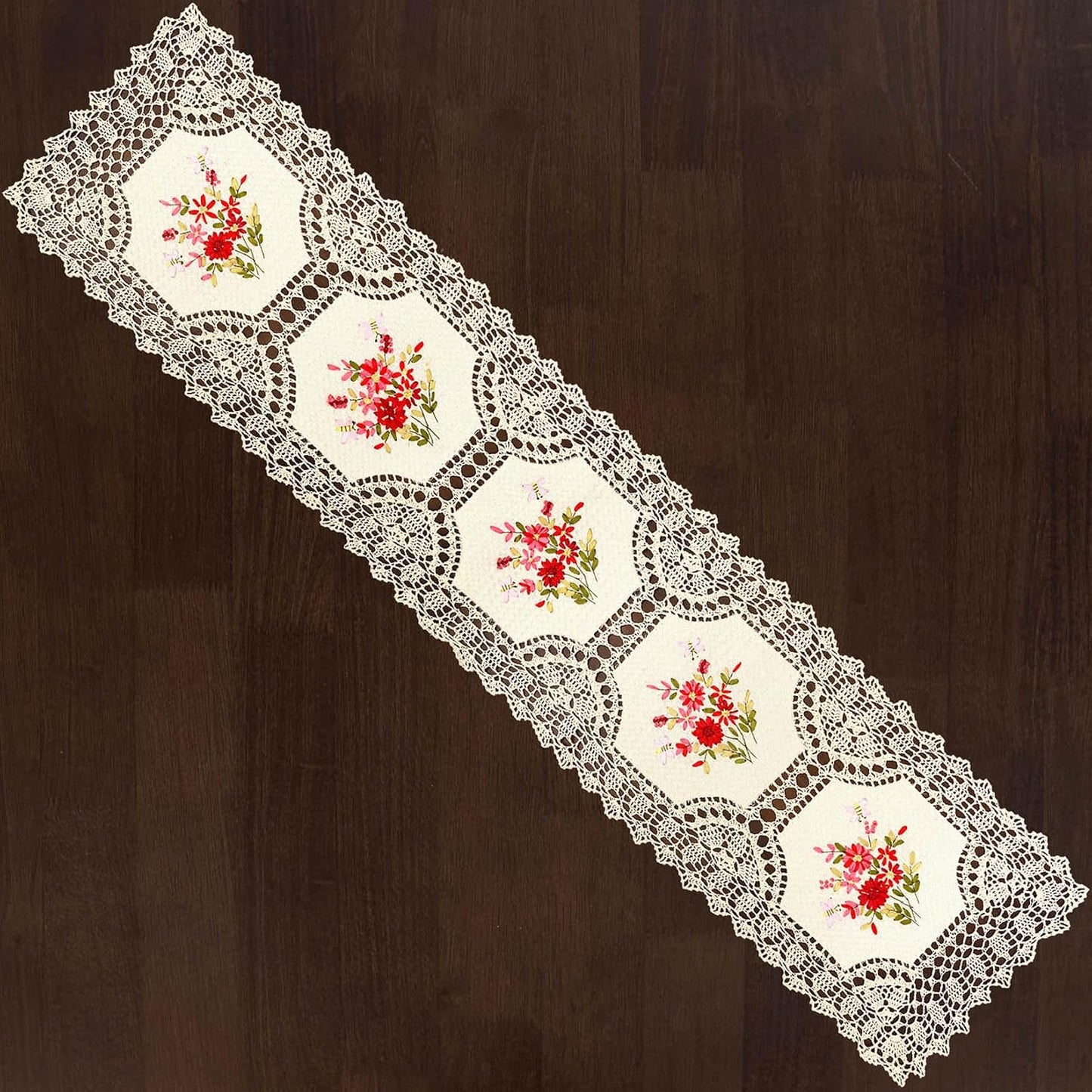 Grelucgo Handmade Crochet Table Runner with Floral Embroidery, Pink and Red (15 x 68 inches)