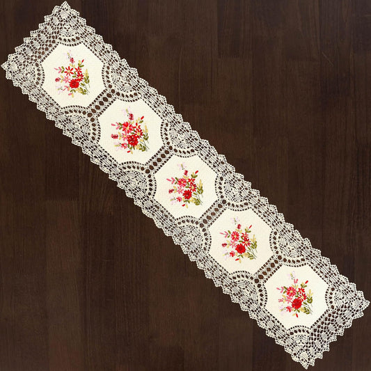Grelucgo Handmade Crochet Table Runner with Floral Embroidery, Pink and Red (15 x 68 inches)