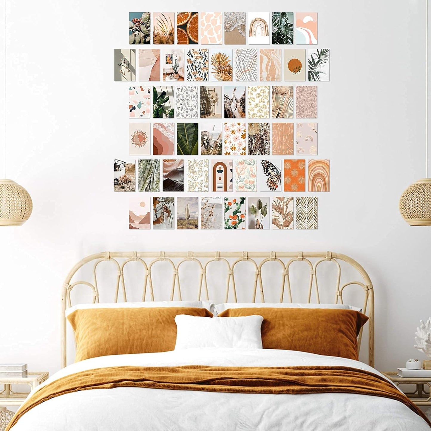 50PCS Boho Aesthetic Pictures Wall Collage Kit, Peach Teal Photo Collection Collage Dorm Decor for Girl Teens and Women, Orange Boho Wall Prints Kit, Small Posters for Room Bedroom Aesthetic
