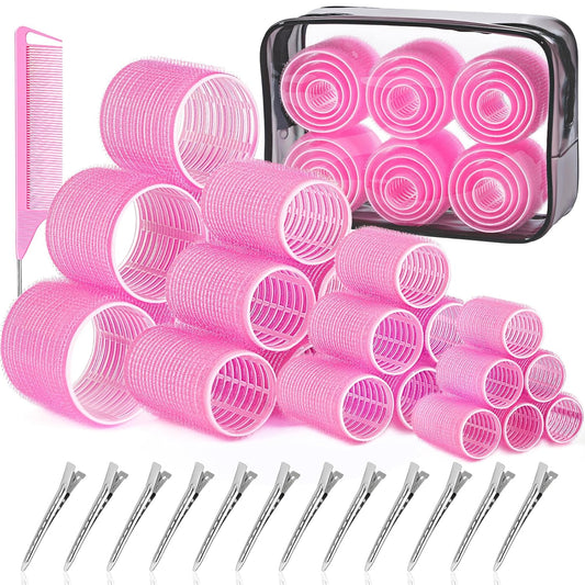 IKOCO Hair Rollers Set, 4 Sizes with 12 Clips and Comb - Self Grip Curlers for Long/Short Hair, Thermal Safe Rollers for Salon-Worthy Styling Pink