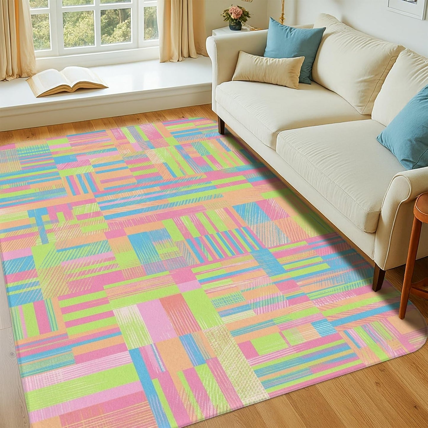 Stripes Area Rug, Modern Contemporary Blocks Lines Spring Peach Low Pile Sponge Carpets Fade Resistant Home Aesthetic Rugs for Living Room Bedroom Hallway Office Decor 4' X 6'