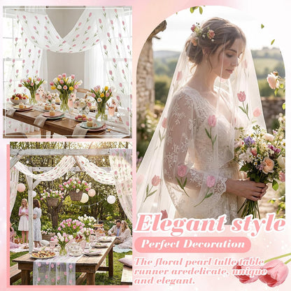 Mindsoft 3 Pcs Pink Floral Tulip Table Runner 10ft Gauze Embroidery Tulip Sheer Floral Tulle Easter Lace Table Runner for Wedding Bridal Baby Shower Holiday Dining Decor DIY