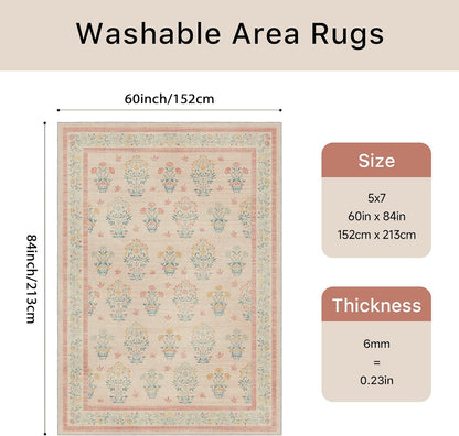 GENIMO 5x7 Vintage Floral Area Rug, Soft Microfiber Washable Rug with Non-Slip Backing, Pink Carpet for Living Room, Bedroom and Dining Room