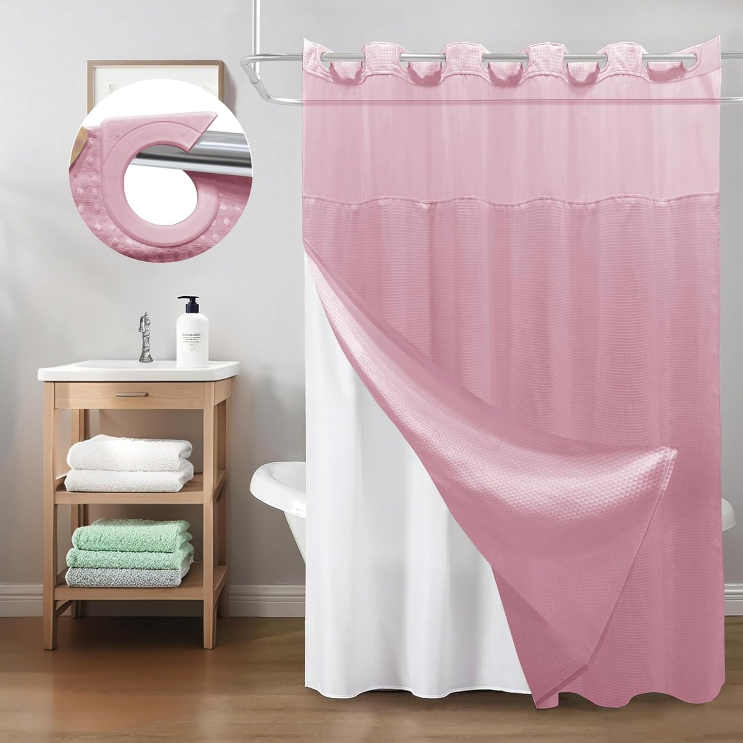 Inhousolu No Hook Shower Curtain with Snap-in Fabric Liner, Waffle Weave 230 GSM Polyester, Weighted Hem, Water Repellent Washable, Mesh Top Window 72" W x 72" L Pink