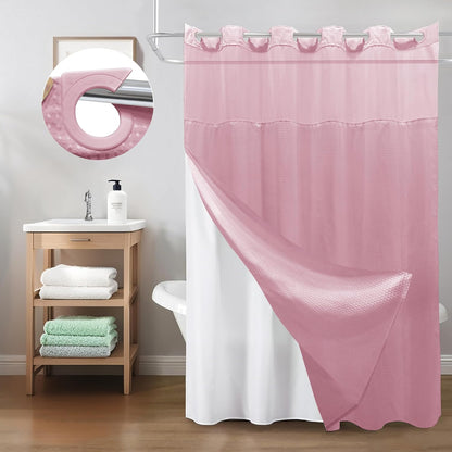 Inhousolu No Hook Shower Curtain with Snap-in Fabric Liner, Waffle Weave 230 GSM Polyester, Weighted Hem, Water Repellent Washable, Mesh Top Window 72" W x 72" L Pink