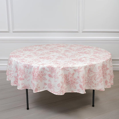 Efavormart Polyester Round Tablecloth 90" White with Pink French Toile Pattern - Sophisticated Table Cover for Chic Weddings & Events