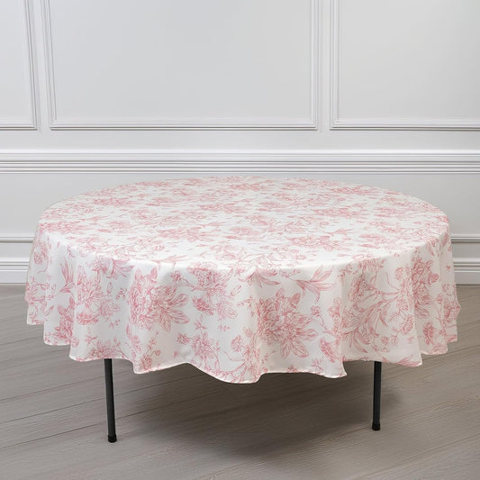 Efavormart Polyester Round Tablecloth 90" White with Pink French Toile Pattern - Sophisticated Table Cover for Chic Weddings & Events