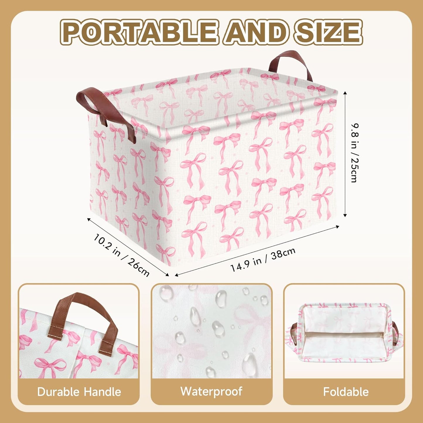 Pink Bow Storage Basket Waterproof Canvas Toy Storage Bin Coquette Room Decor Collapsible Outdoor Basket with Leather Handles Pink Bow Room Decor Blanket Baskets For Closets,Bedrooms,Gifts Baskets