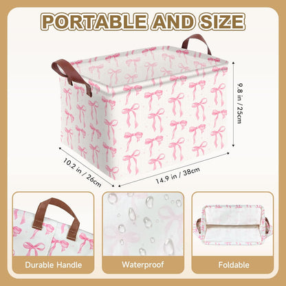 Pink Bow Storage Basket Waterproof Canvas Toy Storage Bin Coquette Room Decor Collapsible Outdoor Basket with Leather Handles Pink Bow Room Decor Blanket Baskets For Closets,Bedrooms,Gifts Baskets