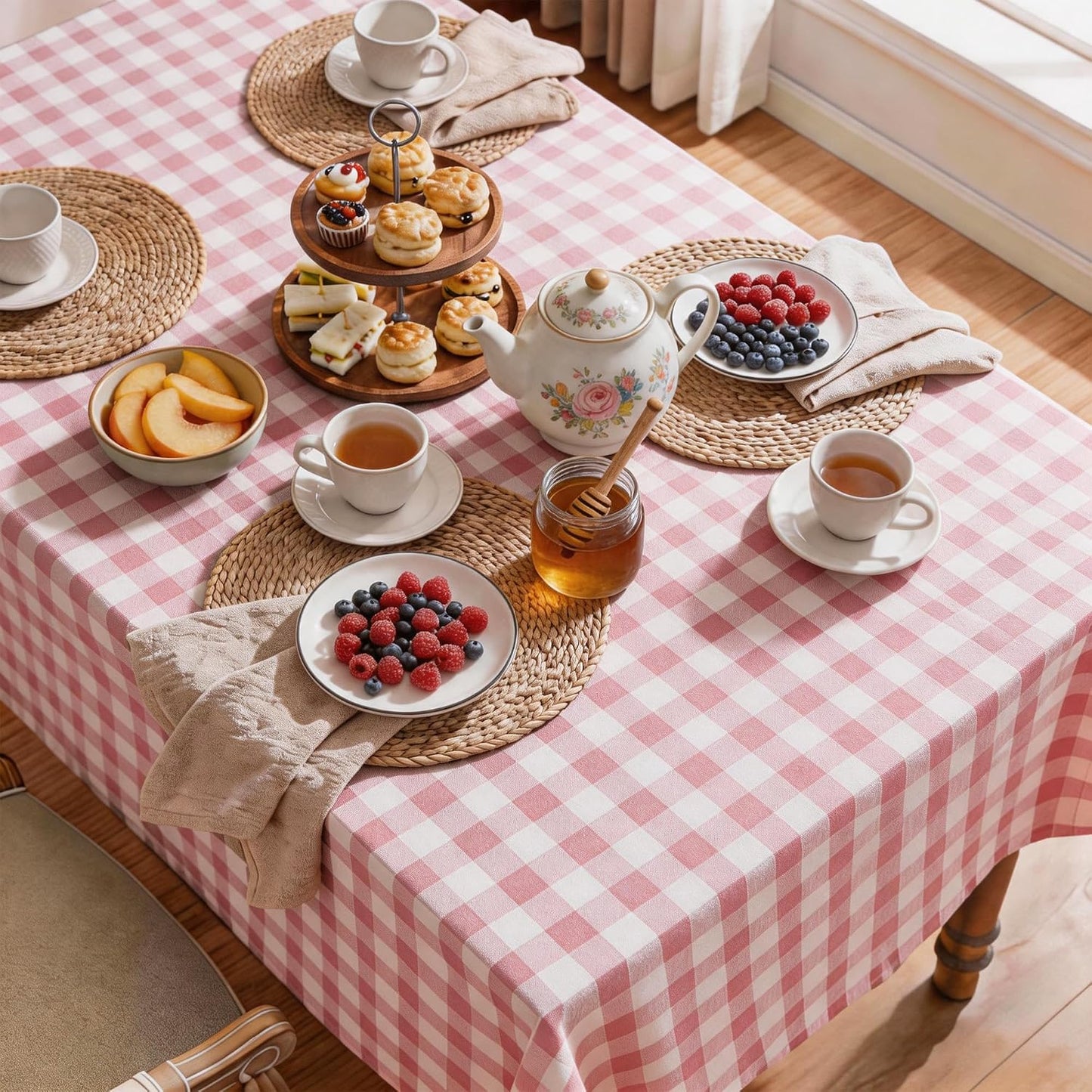 Gingham Tablecloth Rectangle Table, Cotton Linen Fabric Picnic Checkered Table Cloth Farmhouse Washable Wrinkle Free Buffalo Plaid Table Cover for Outdoor Birthday Party, Pink, 60x75