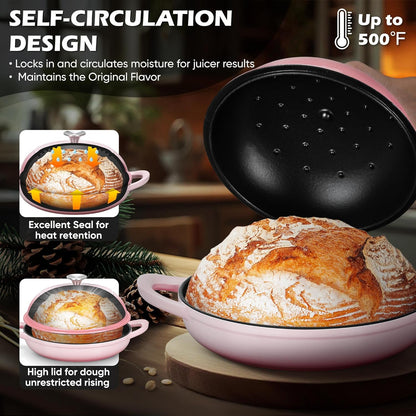 Bread Dutch Oven for Sourdough Baking (5.5 QT), Joyfair Enameled Cast Iron Dutch Oven Pot with Lid, Sourdough Bread Pan with Heavy Duty Dual Handles, Non-Stick & Even Heat, Oven-safe up to 500°F, Pink