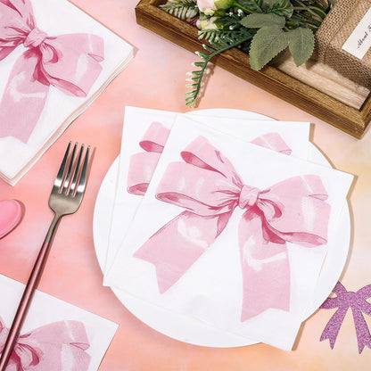 JarThenaAMCS 100Pcs Pink Bow Coquette Paper Napkins Watercolor Ribbon Bowknot Disposable Luncheon Dinner Napkins For Birthday Baby Shower Bachelorette Party Table Supplies