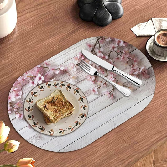 Placemats Set of 2 PU Leather Oval Design Flexible Kitchen Table Mats Wipeable Washable Table Decoration for Kitchen Dining Room Party Indoor Outdoor, Peach Blossom Wood Grain White Pink