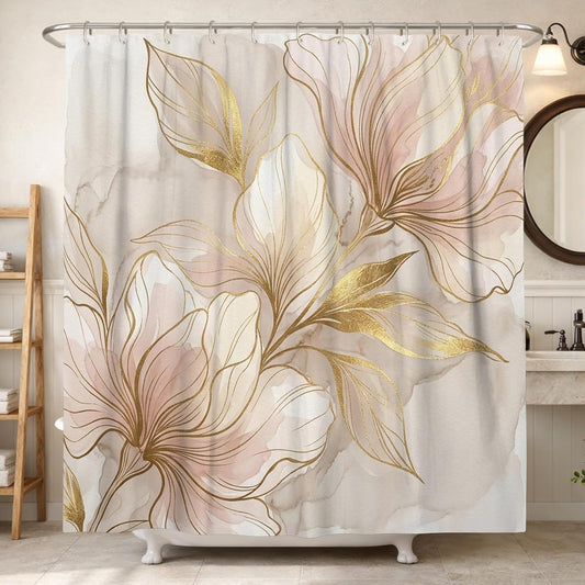 Flower Shower Curtain, Elegant Modern Leaf Gold Spring Pastel Peach Waterproof Fabric Toile Cloth Shower Curtains for Bathroom Bathtub Apartment Decor 62x72 Inch