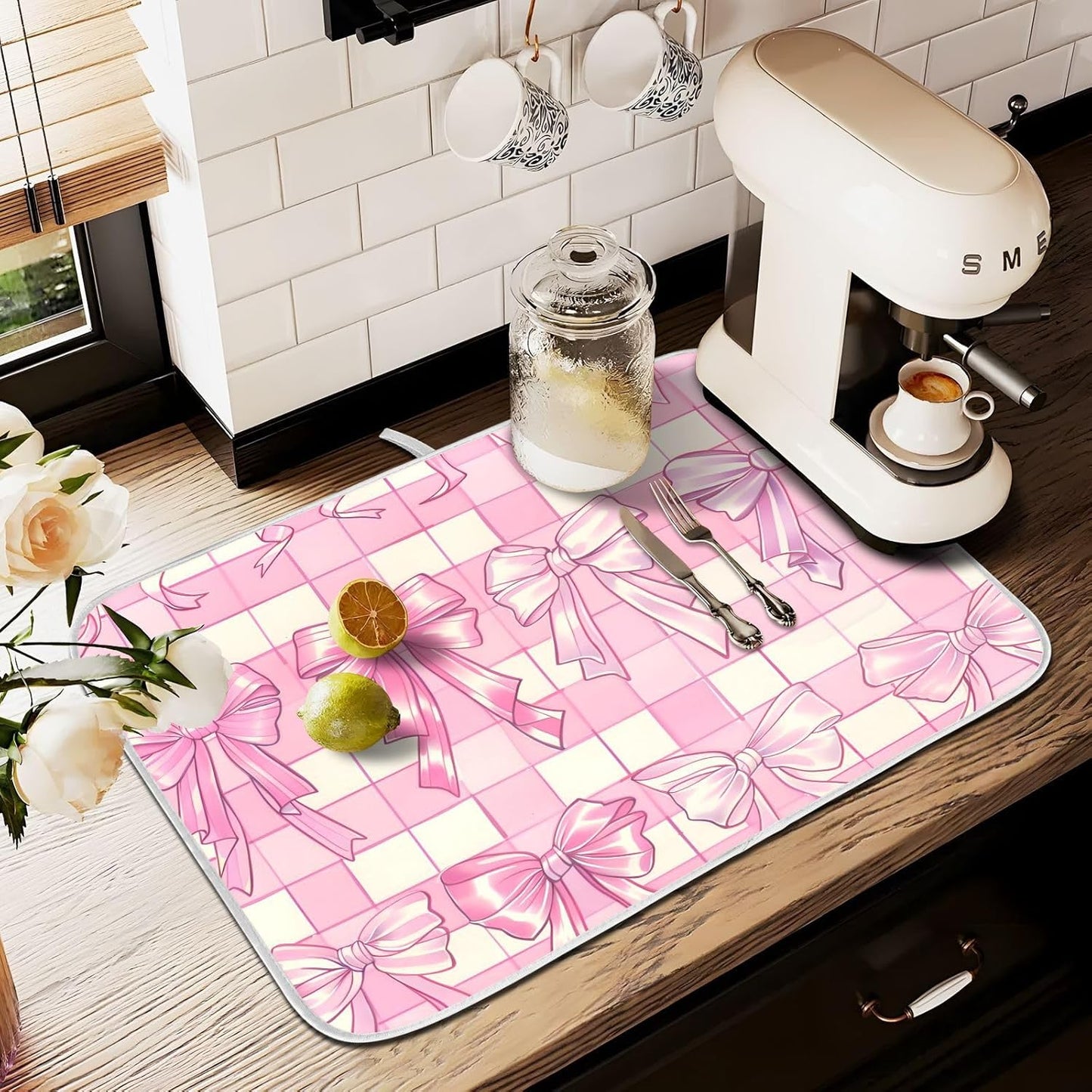 Pink Bow Dish Drying Mat, Absorbent Microfiber Kitchen Counter Mat, Dish Drying Pad for Dishes, 16"x18"