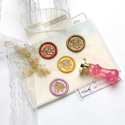 Wax Seal Stamp, Wax Seal Kit with Solid Brass Rose Pattern Seal Stamp Head 0.98 Inch Round & Pink Bubble Handle, Sealing Wax Stamp for Wedding Invitations Envelopes Gift Wrapping DIY Crafts