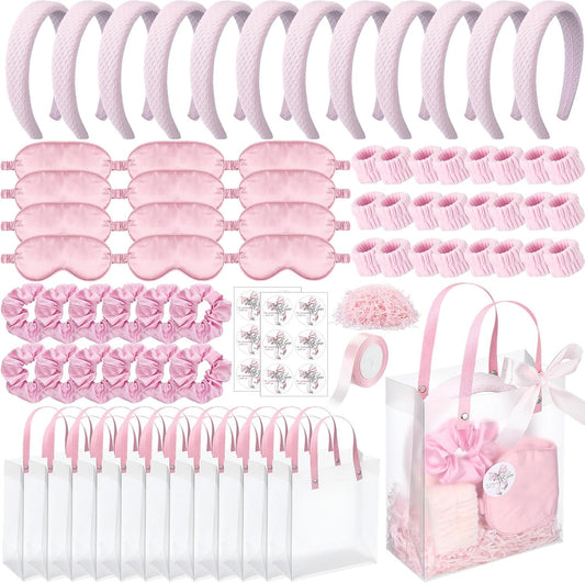 Suncalla 52 Pcs Spa Sleepover Party Supplies 8 Pink Spa Sponge Headbands, 16 Wristbands, 8 Eye Mask, 8 Ribbon Scrunchies, 8 Transparent Bag, 2 Thank You Stickers, Pink Ribbon, Raffia for Women Pajama