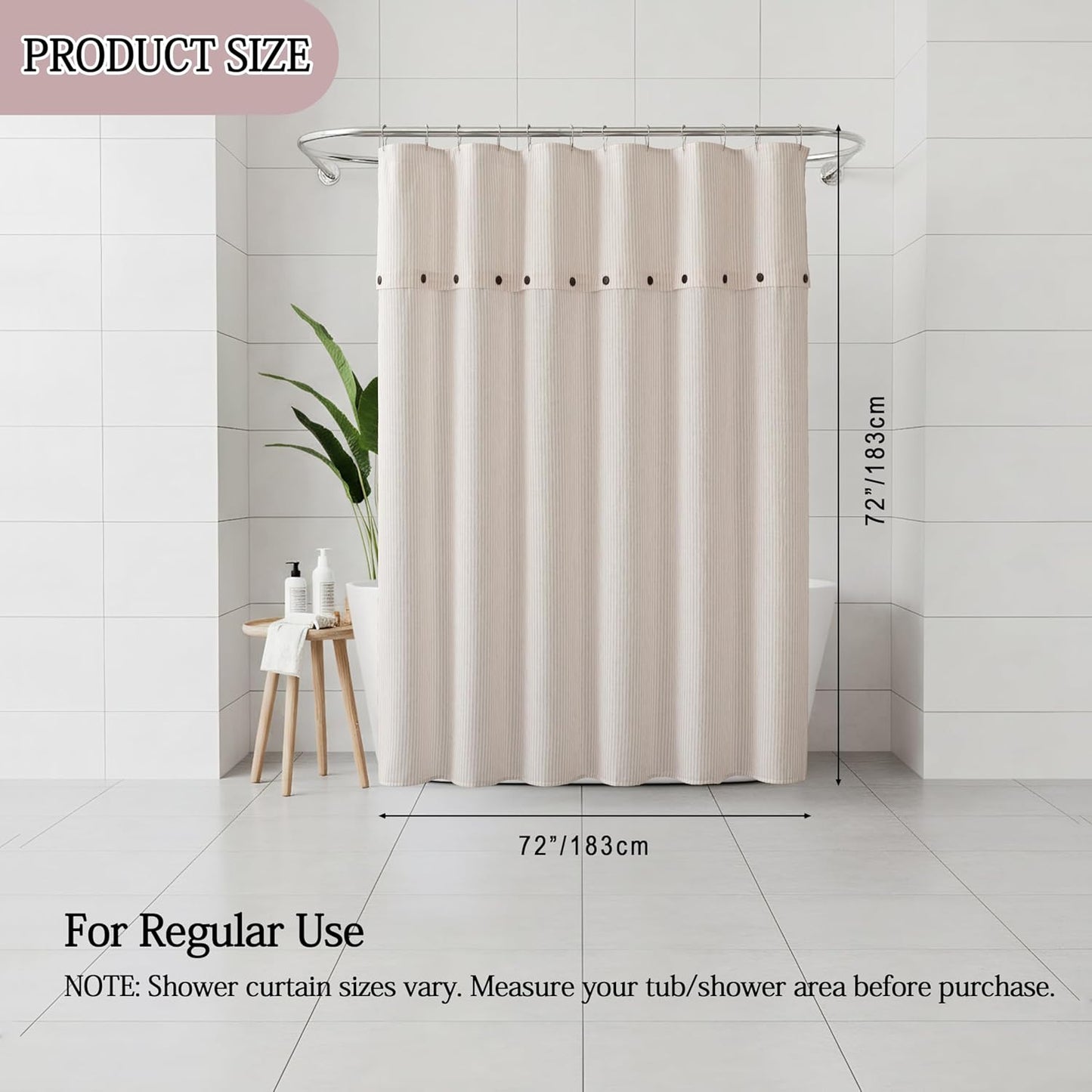 Homechoice Decor Fabric Shower Curtain 72 x 72 Inch, Minimal Pink Stripe Bathroom Curtain, Linen-Look Poly-Cotton Blend with Decorative Coconut Buttons, Warm, Cozy Accent with a Gentle Touch (LQ-45)
