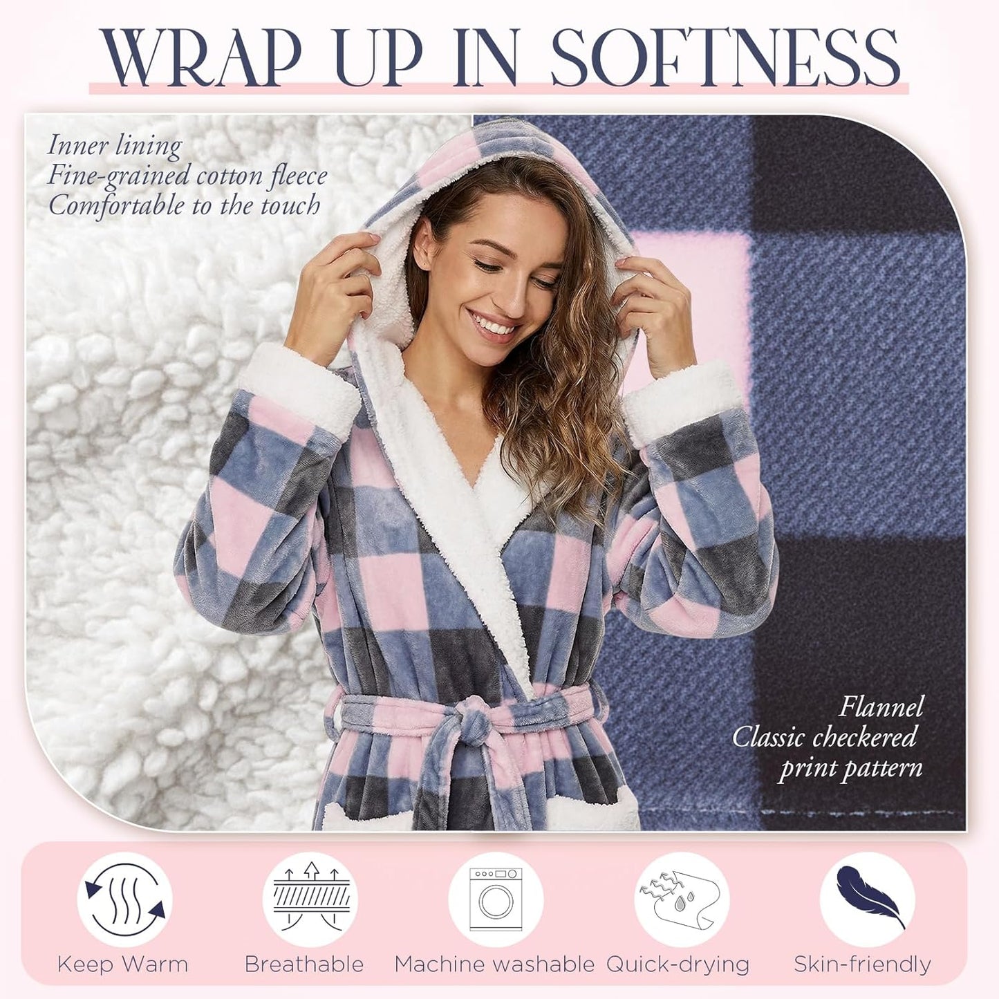 Bonuci Plush Hooded Robe for Women Long Flannel House Coat Soft Warm Fuzzy Bathrobe Sleepwear Spa Bath Mother's Day Present