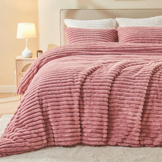 EMME Faux Fur Duvet Cover Queen Size, 3 Pieces Ultra Soft Fluffy Comforter Cover, Cozy Warm for Winter, Luxury Elegant Shaggy Striped Design Bedding, 1 Duvet Cover & 2 Pillow Shams (Queen, Old Pink)